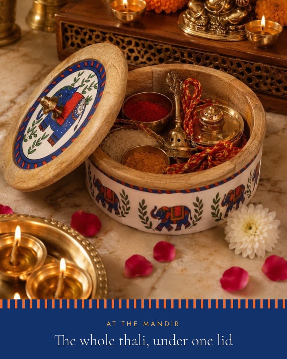 At the mandir — the whole thali, under one lid