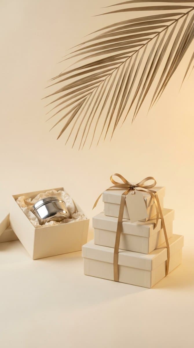 Stack of cream gift boxes tied with gold ribbon, one open showing a german silver box